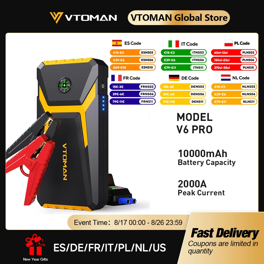 VTOMAN V6 Pro Car Jump Starter Power Bank 2000A Ładowarka samochodowa Auto Emergency Booster Urządzenie rozruchowe Jump Starter
