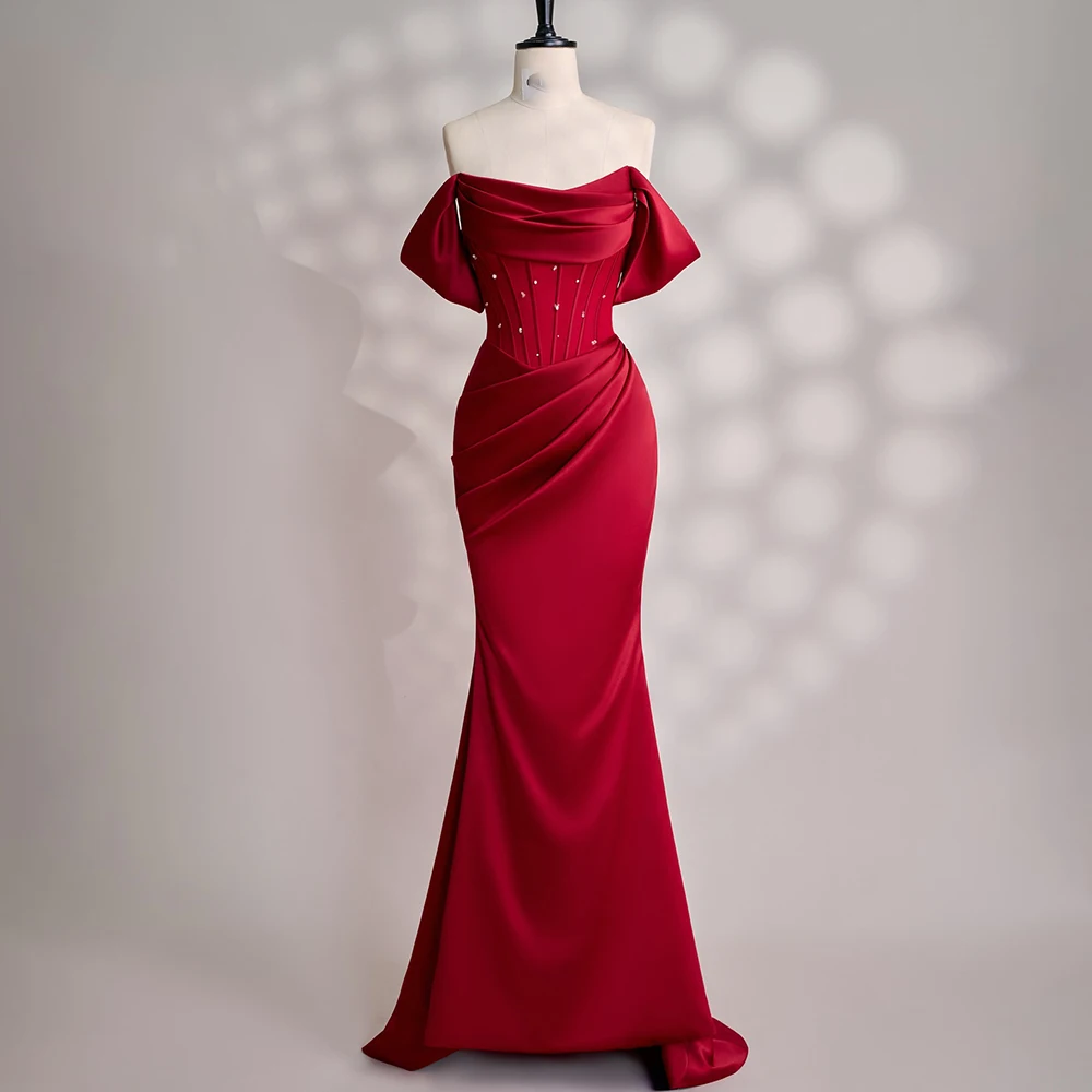 

Custom Made Elegant Red Off Shoulder Pleated Bridal Evening Gwon with Pearls Sheath Backless Maxi Prom Party Dress Vestidos
