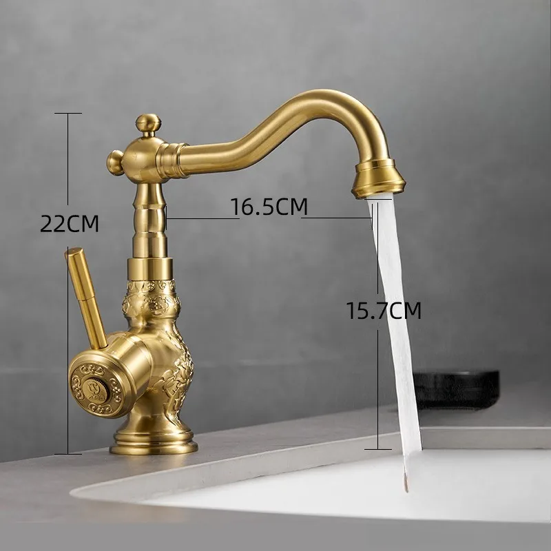 Basin Faucet, Golden Retro Washbasin Faucet, Hot and Cold Dual-use, All Copper High-end Antique Style Faucet