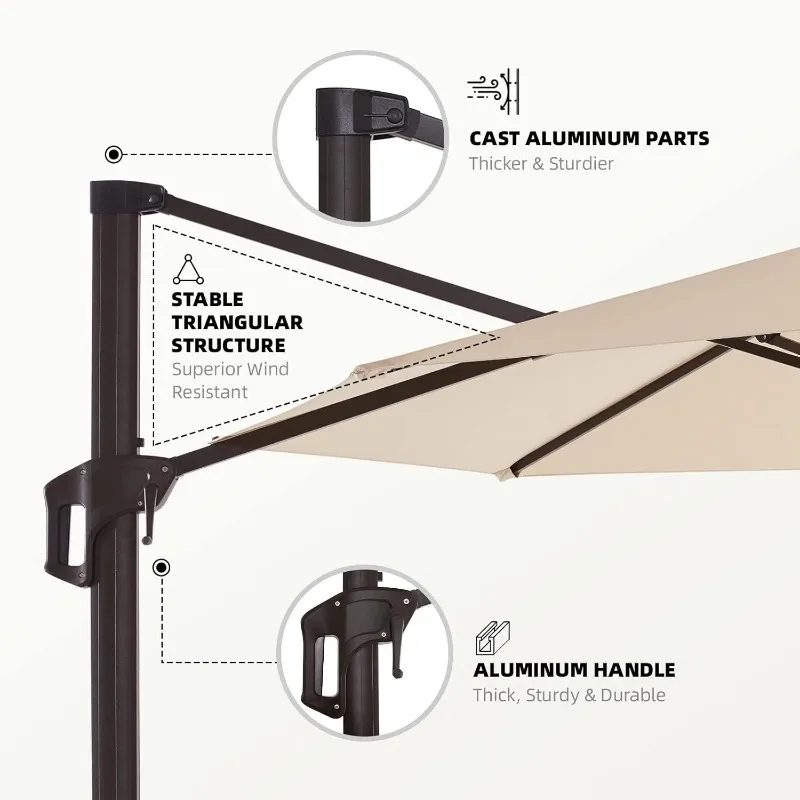 12FT Cantilever Patio Umbrella,Offset Umbrella Outdoor Patio,6-Leve 360°Rotation Heavy Duty Large Umbrella with Cross Base,Beige