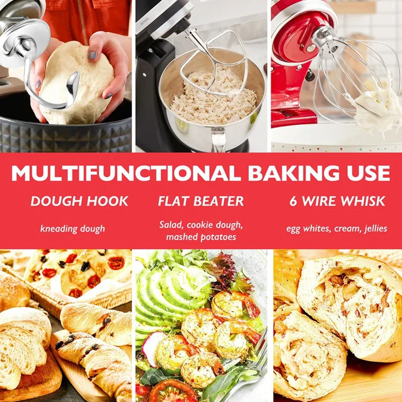 A44F-аксессуары из нержавеющей стали для миксера Kitchenaid 4,5-5 Qt с наклонной головкой, включает в себя 6-проводной венчик, плоский венчик, крючок для теста