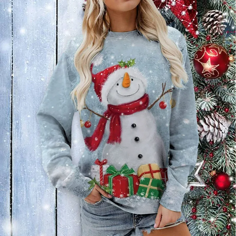 2024 new European and American Christmas snowman 3D printed women\'s round neck long sleeved autumn casual pullover top