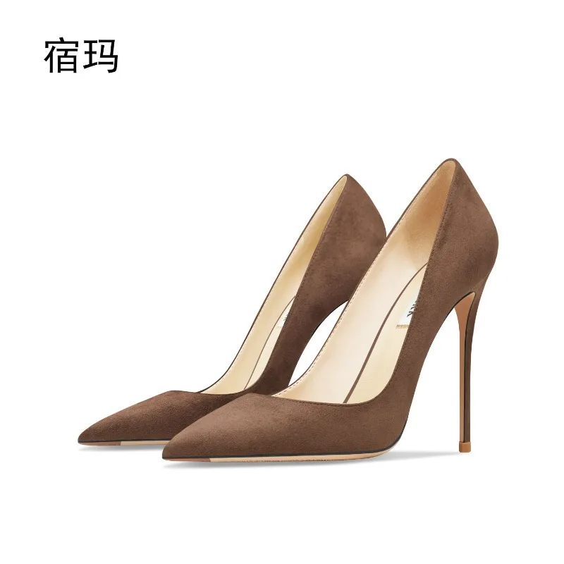 

Brown suede high-heeled shoes for women in 2025new slim heel pointed shallow mouth commuting professional sexy single heel shoes