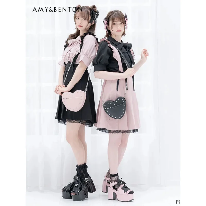 

25COSJapanese Sweet Rhinestone Bow Thick Bottom Platform Shoes Mine Mass-Produced Lolita Sandals Preppy Style Kawaii Leather Sho