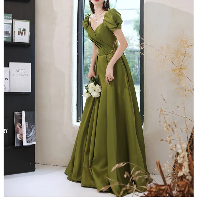 N10168 Lady Green Short Puff Sleeves Satin Evening Dresses Pearls Backless Wedding Party Dress Long Prom Robe Women