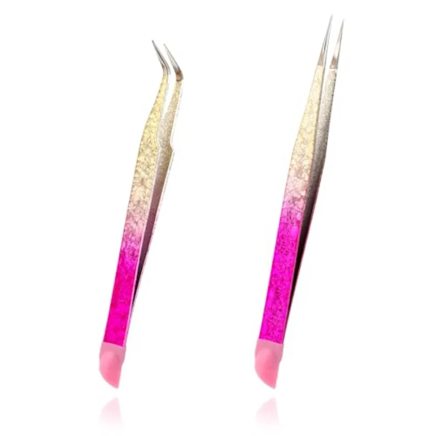 2 PCS Double Ended Nail Art Tweezers, Stainless Steel Straight and Curved Tip Tweezers with Silicone Pressing Head for Eyelash