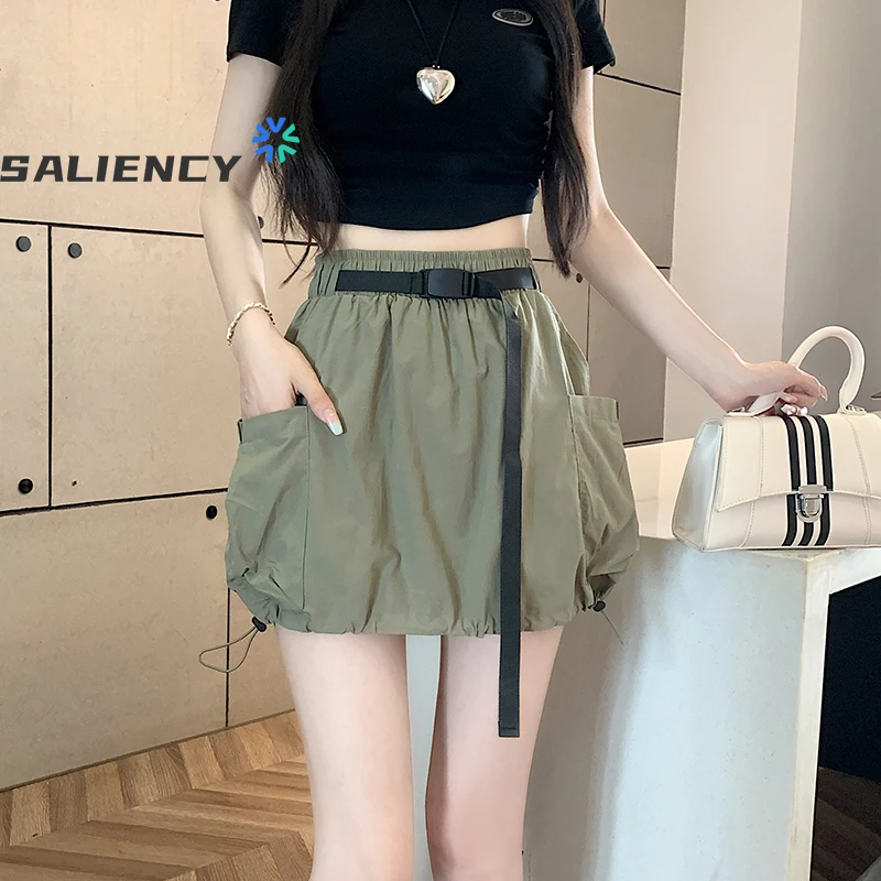 American Retro Big Pockets Streetwear Drawstring Cargo Skirts Womens Summer Elastic High Waist Casual Baggy Skirt