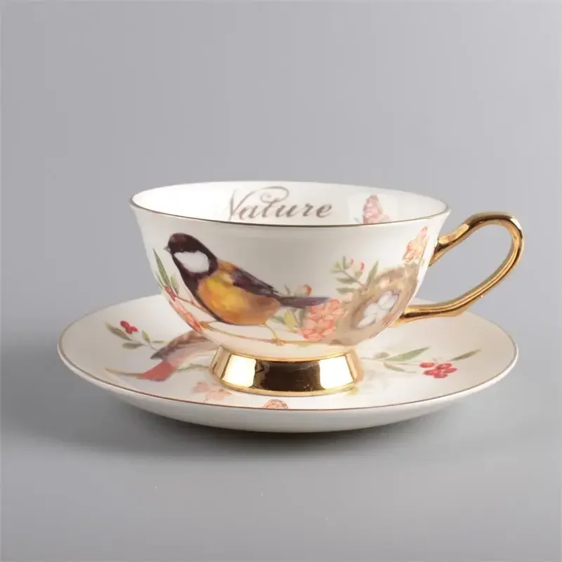 Chinese Style Coffee Cup Saucer Flower Bird Bone China British Chinese Afternoon Tea Creative Ceramic Cup Coffee Mug