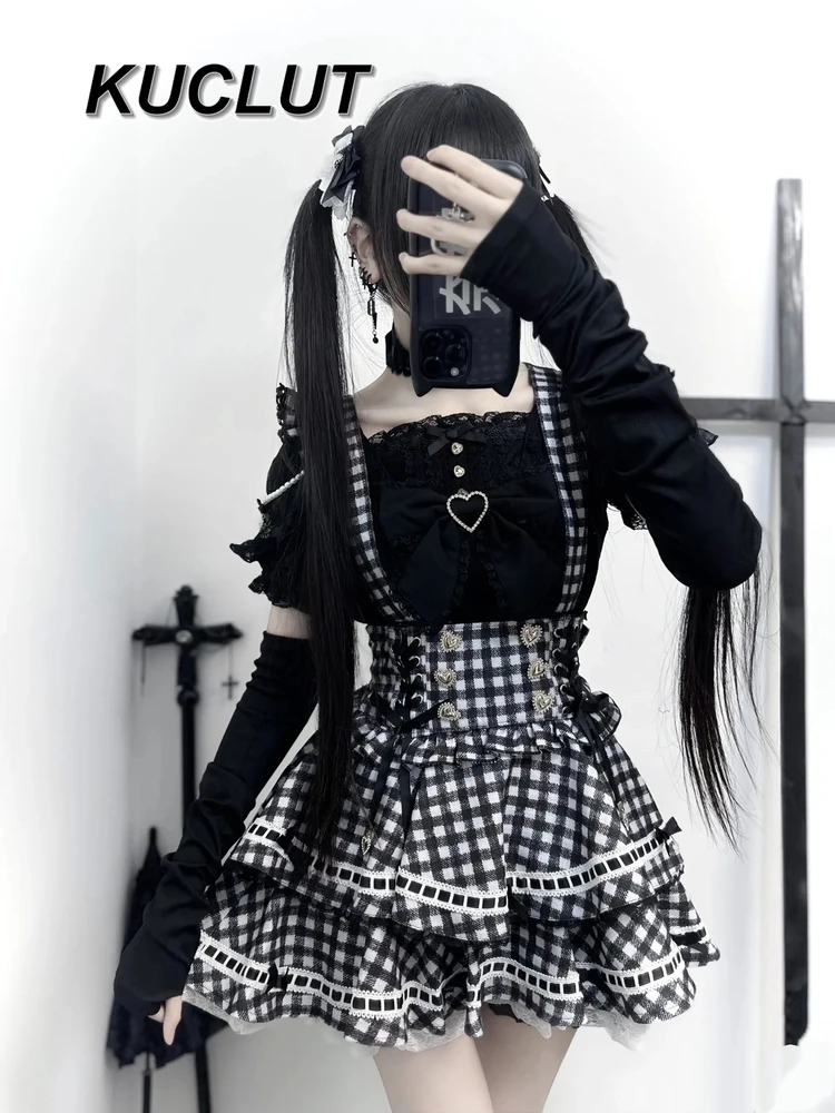 

Милый топ со съемными рукавами и бантом в форме сердца в японском стиле и юбка на подтяжках с высокой талией и узором «гусиные лапки»