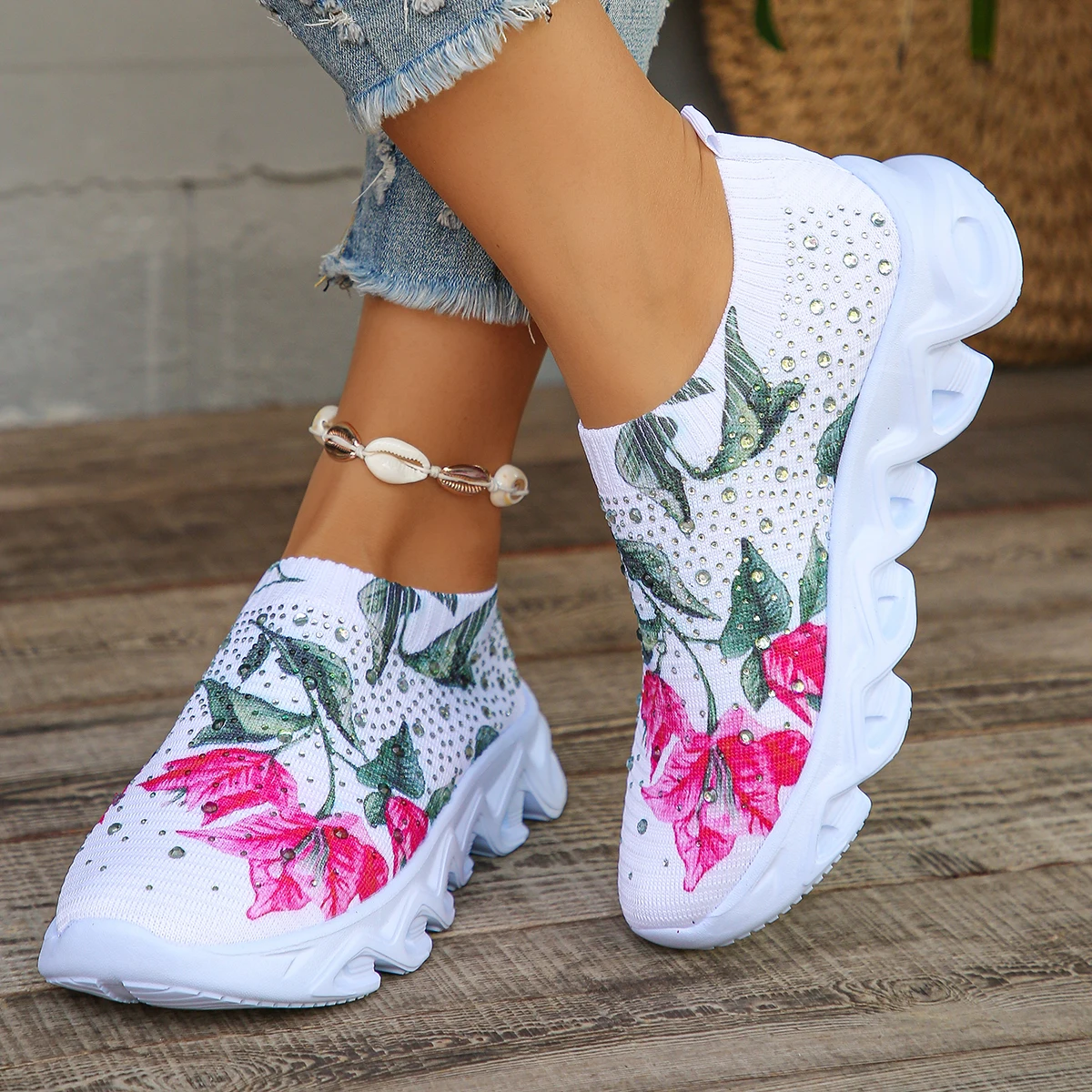 Crystal Floral Women\'s Knitted Sneakers Summer 2024 New Breathable Air Mesh Casual Shoes Woman Light Weight Walking Sports Flats