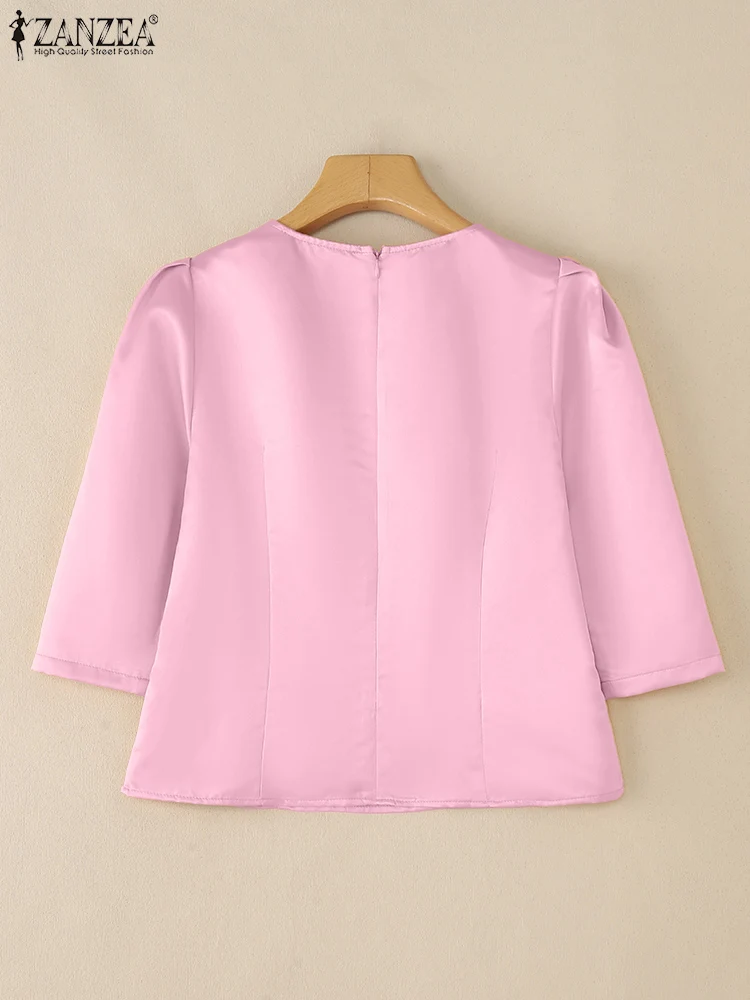 ZANZEA بلوزات أنيقة من الساتان اللامع موضة خريف 2025 برقبة دائرية 3/4 كم مطوي وتفاصيل Blusas Mujer ملابس مكتبية للحفلات بلوزة متينة