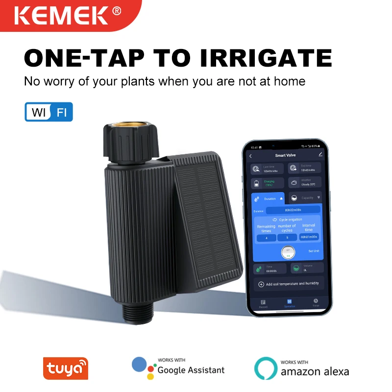 

Умный таймер воды KEMEK Tuya, программируемый спринклерный таймер Wi-Fi на солнечной энергии с латунным входом для автоматической системы полива