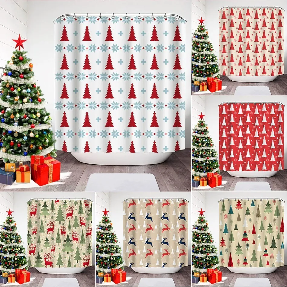 

Christmas Decorations Shower Curtain Xmas Trees Snowflakes Pringting Curtain for Bathroom Waterproof Polyester Fabric with Hooks