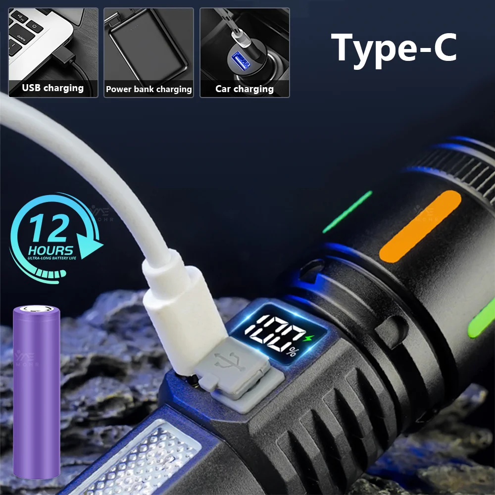 High Power Flashlight 18650 Battery Rechargeable LED Flashlight Waterproof White Laser Side Lamp Digital Display Outdoor Camping