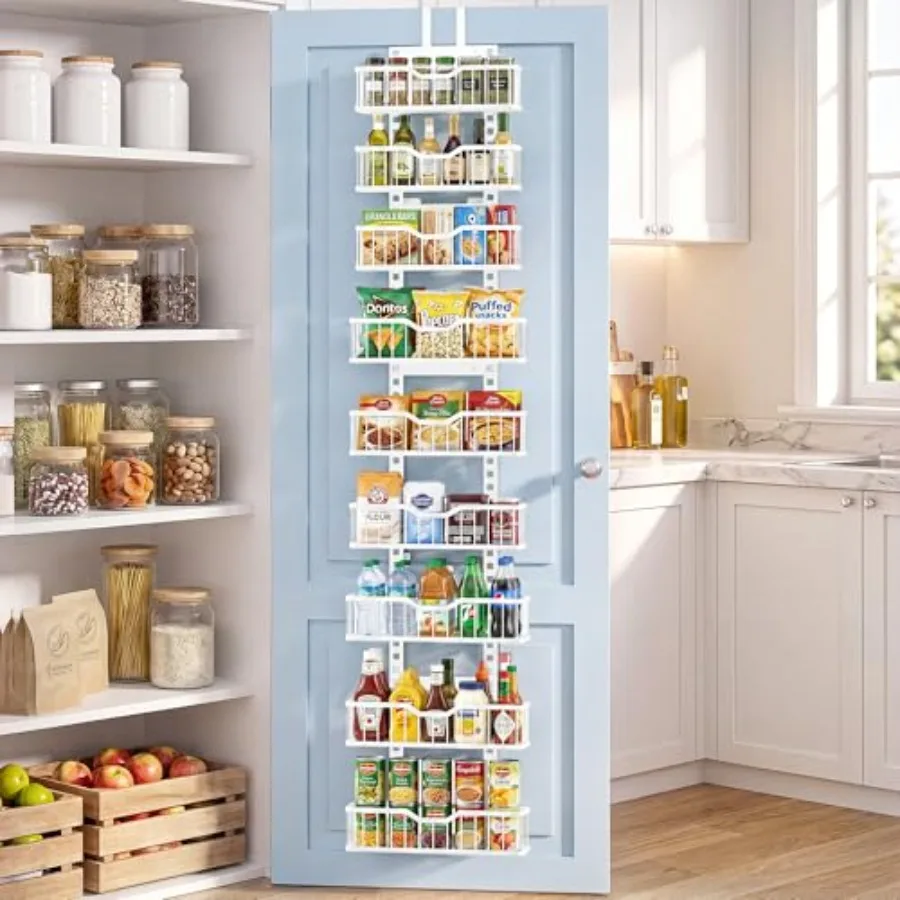 

Over the Door Pantry Organizer, 9-Tier Heavy Duty Door Storage Rack with Solid Bottom Baskets, Stable No-Bumping Design, Adjust