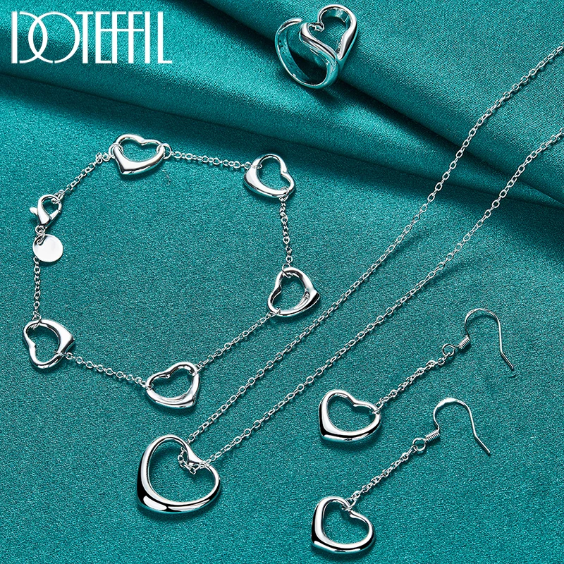 DOTEFFIL 4pcs 925 Sterling Silver Heart Necklace Bracelet Ring Earring Set For Woman Wedding Engagement Fashion Charm Jewelry