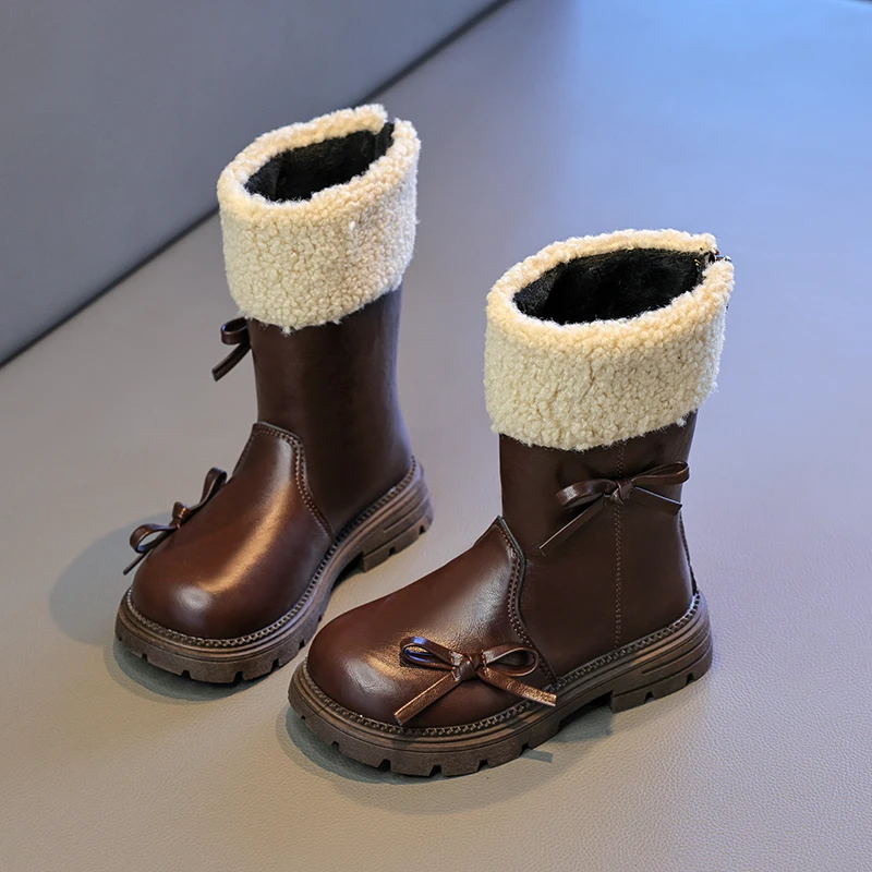 JGSHOWKIT Winter Girl Fashion Mid-calf Boots Princess Fashion Bow Children Cotton Boots Thick Soled Warm Causal Kids Plush Boots