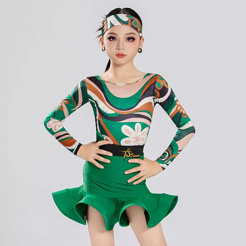 Long Sleeve Bodysuit Latin Dance Training Clothes Kids Girls Printed Professional Competition Performance Dresses Costume