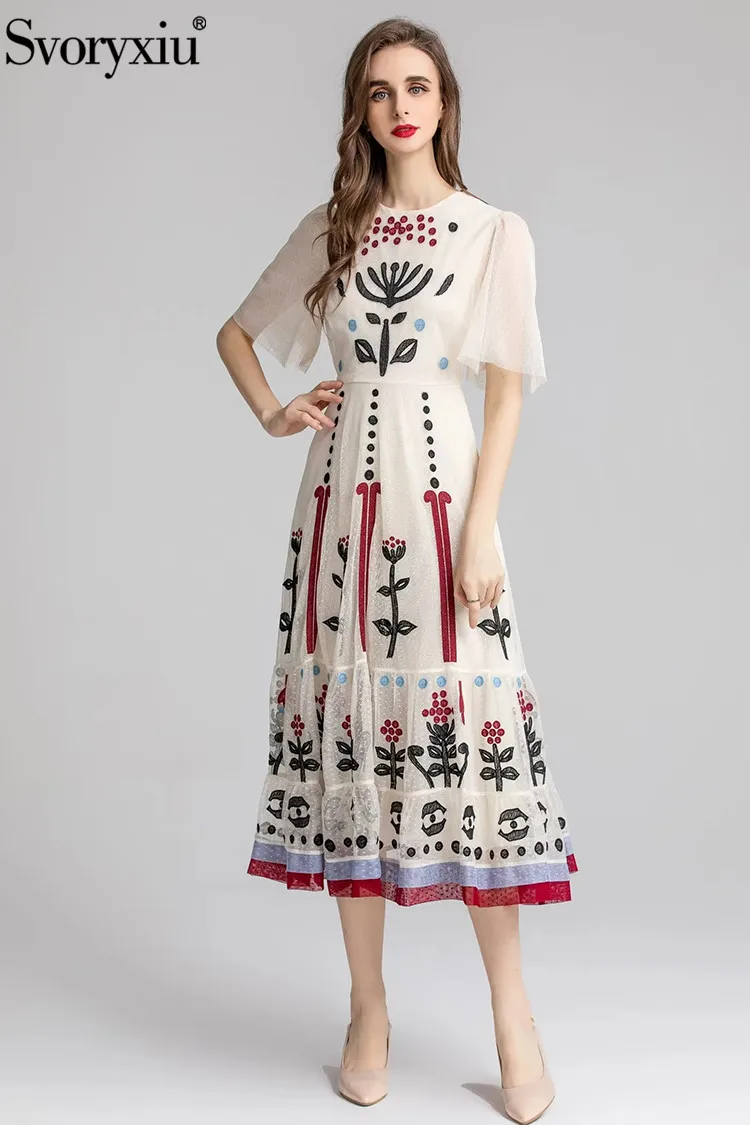 

Svoryxiu Designer Fashion Summer Vintage Gorgeous Gauze Dress Women's Short Sleeve Flowers Embroidery High Waist Slim Midi Dress