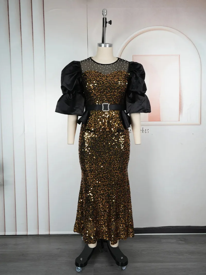 

Sequin Dashiki African Dresses for Women Autumn African Short Sleeve Polyester Party Evening Wedding Long Maxi Christmas Dress