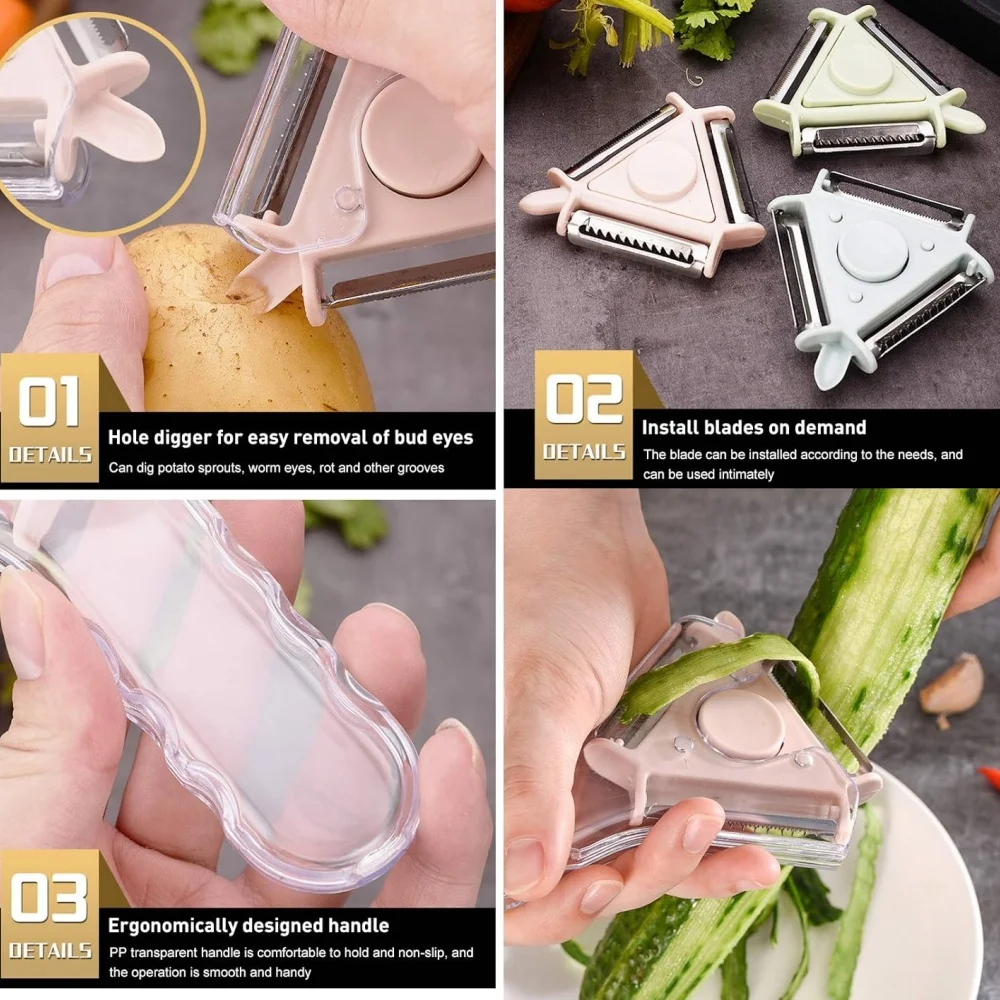 مقشرة ومبشرة مطبخ اقتصادية 3 في 1 - قطاعة خضروات وفواكه دوارة، مقشرة وتقطيع، أداة مطبخ متعددة الأغراض #6