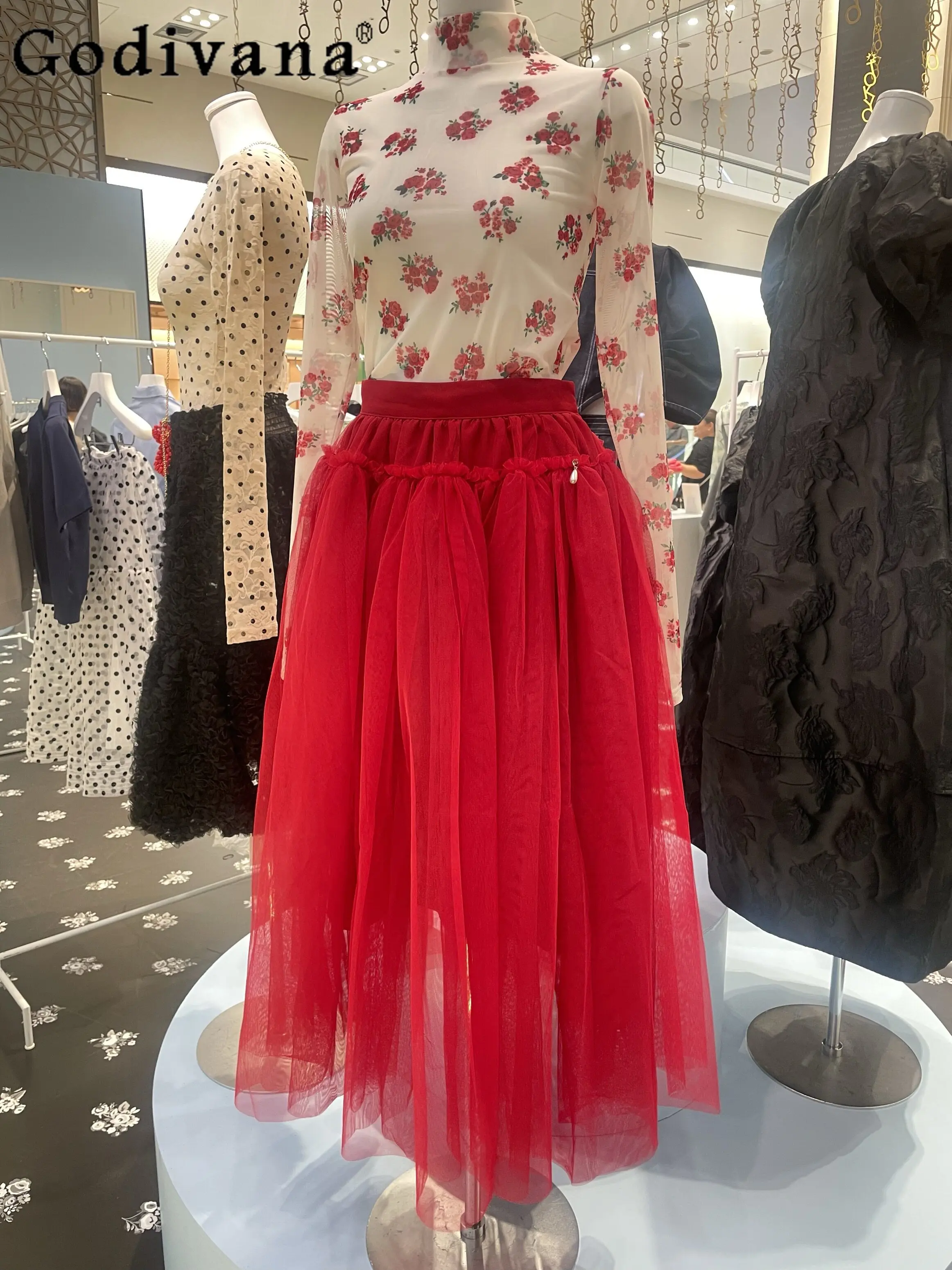 

Spring New Japanese Fashion Red Skirt and Long Sleeve Top 2-piece Set Women's Slim Flower Printed Bottoming Pullover Clothes