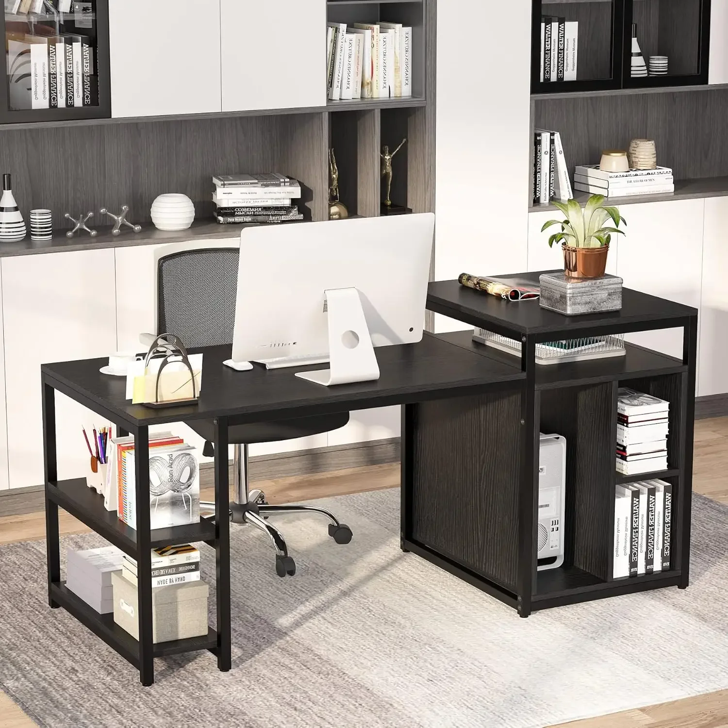 70-inche Long Large Computer Desk with Storage Shelf, Home Office Desk with Printer Stand & Cabinet Bookcase Combo