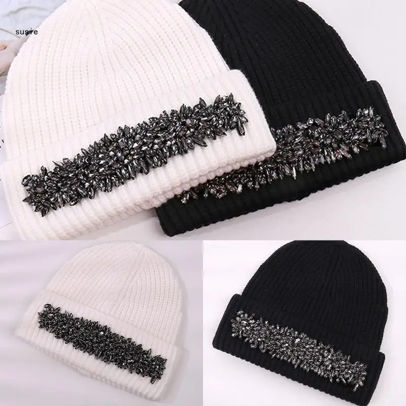 X7YA Wild Wool Hat Shiny for Rhinestone Knitted Hat Ear for Protection Warm Autumn Winter for Boy Girl Xmas Halloween New Yea