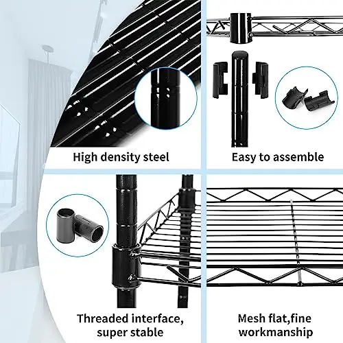

Black 6-Level Heavy-Duty Steel Wire Shelf With Threaded Connectors For Kitchen, Bathroom, Pantry, Laundry And Closet Storage