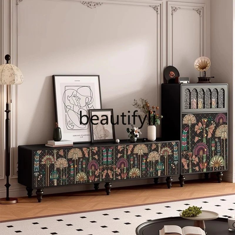 

French Retro Solid Wood TV Cabinet Living Room Floor Storage Cabinet Painted Integrated Cabinet