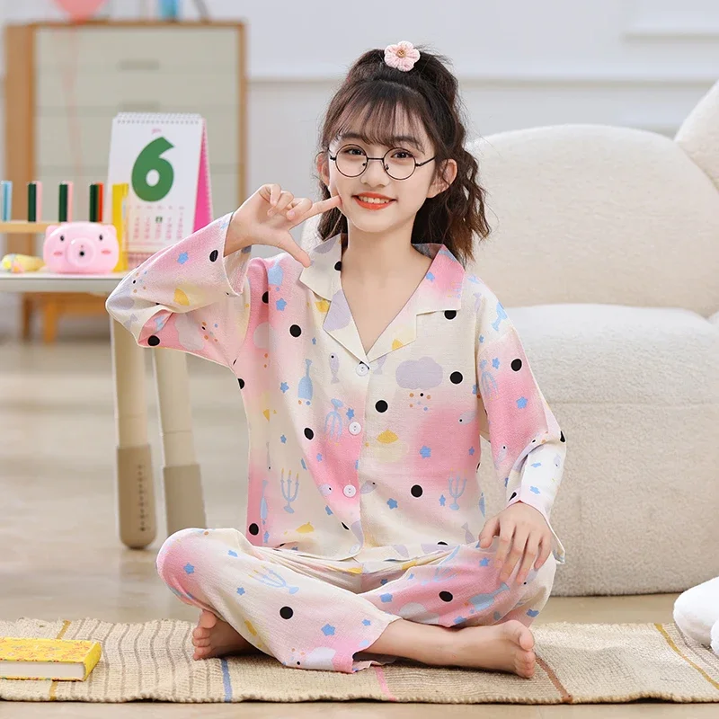 2024 Children\'s Pajama Sets Girls Autumn Cardigan Pijama Sweet Cute Long Sleeve Sleepwear Cartoon Loungewear Kids Home Clothing