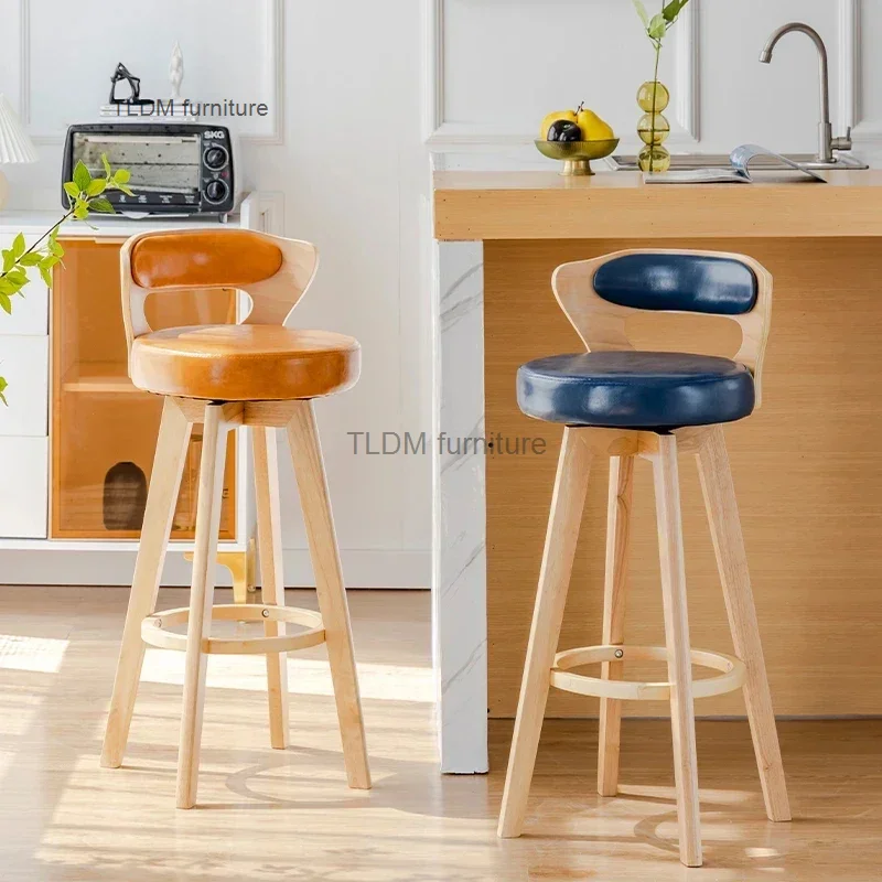 

European Solid Wood Bar Chairs Retro Kitchen Furniture Creative Rotating Back High Bar Chair Luxury Home Cafe Front Desk stool