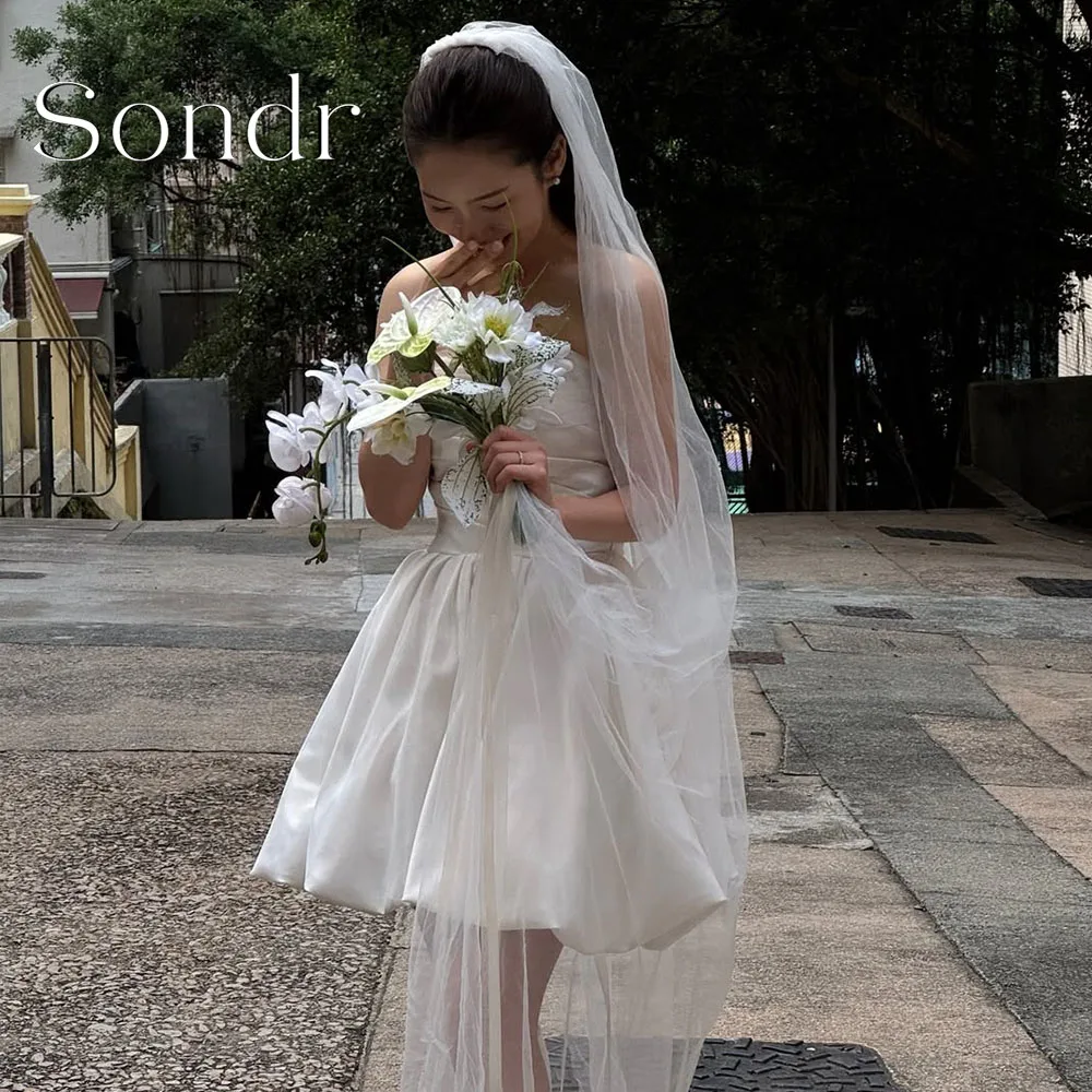 Sondr Customized Strapless Korean Short Wedding Dresses Photos Shoot Corset Back Bride Dress Taffeta Mini Bridal Gown