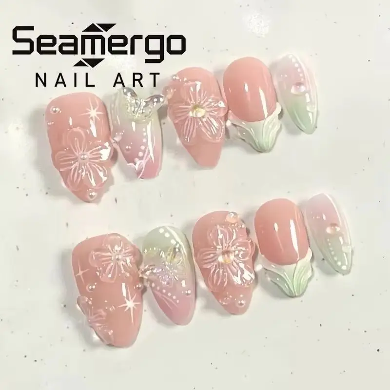 

24PCS Pink Green Gradient French False Nails 3D Butterfly Flowers Summer Almond Press on Fake Nails with Peal Acrylic Nail Tips