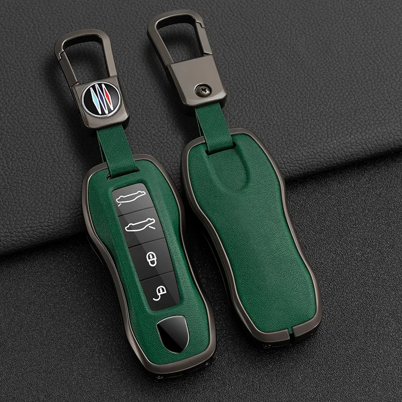 Zinc Alloy+Leather Car Key Case Cover for Porsche New Cayenne Panamera 911 992 Taycan Car Protective Keychain Accessories