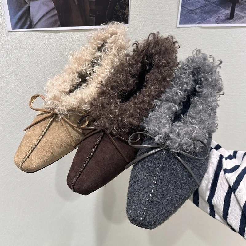 

Fluffy Plush Warm Suede Flats Women Fashion Bowknot Square Toe Design Comfort Soft Loafers Autumn Winter Designer Cotton Shoes
