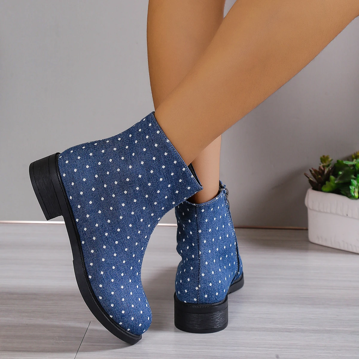 Women's boots Fashion spot pattern cloth ankle boots square with large size women's shoes denim blue black optional