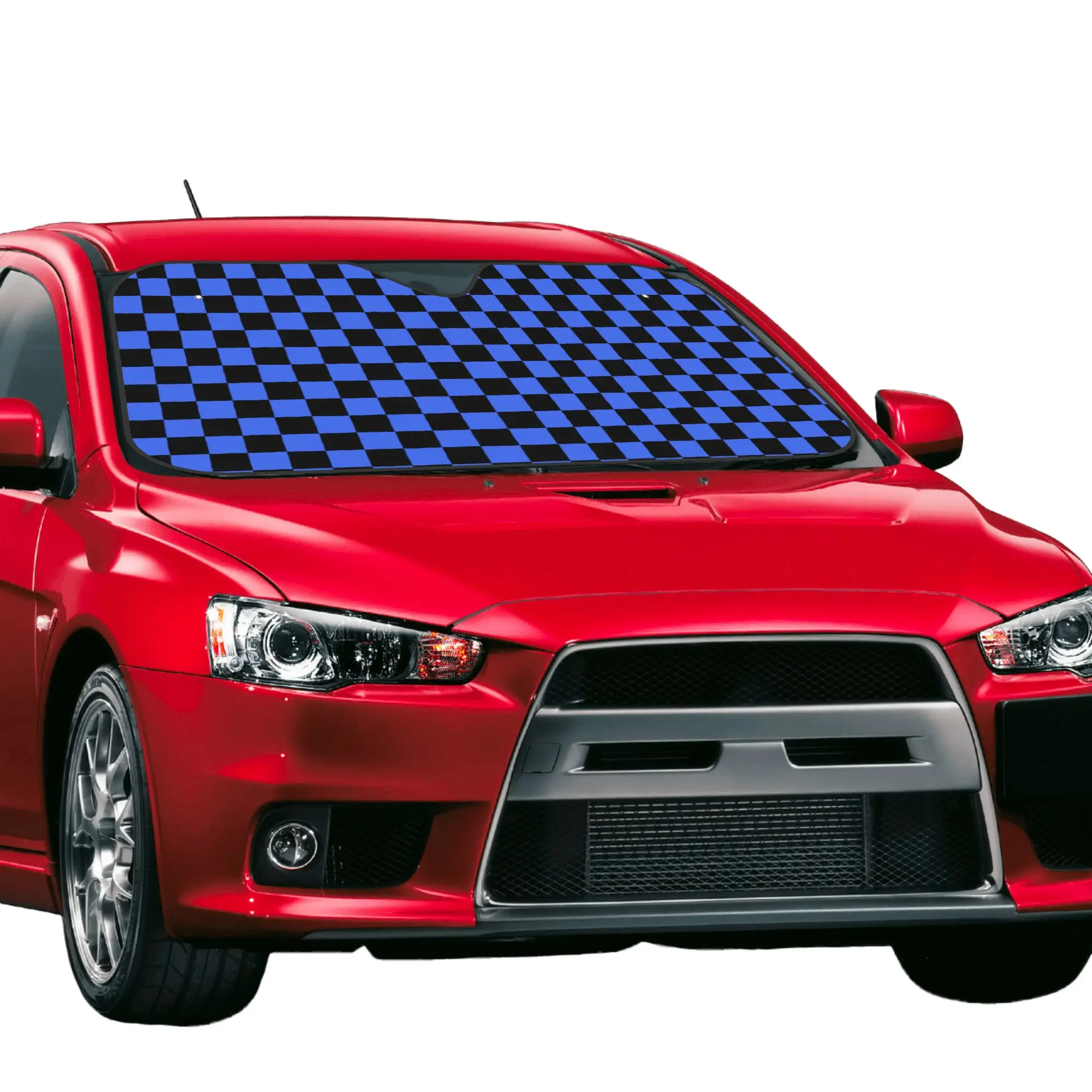 Black and Royal Blue Checkerboard Plaid Car Front Windshield Sun Visor UV Protection Car Sun Shade Aluminum Foil Car Sunshade