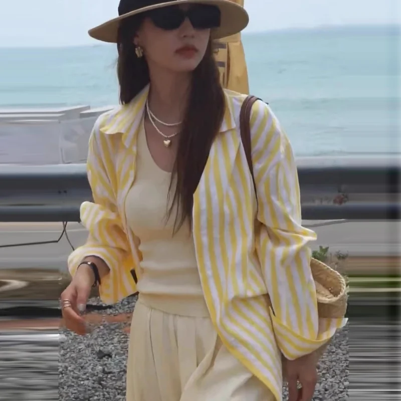 Spring Autumn Women Blouse Lapel Yellow and White Vertical Stripes Loose Fashion Casual Long-sleeved Shirt