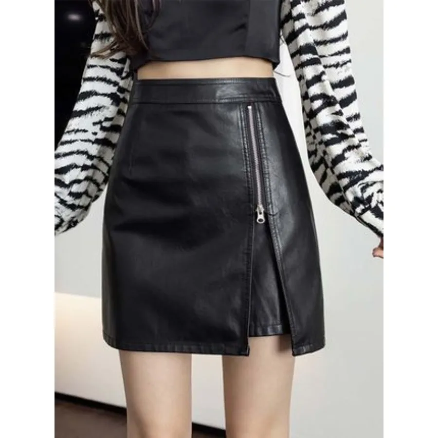 

【HOT】Split skirt for women's autumn and winter new fashionable pu leather short skirt high waist slimming a-line bag hip one-st