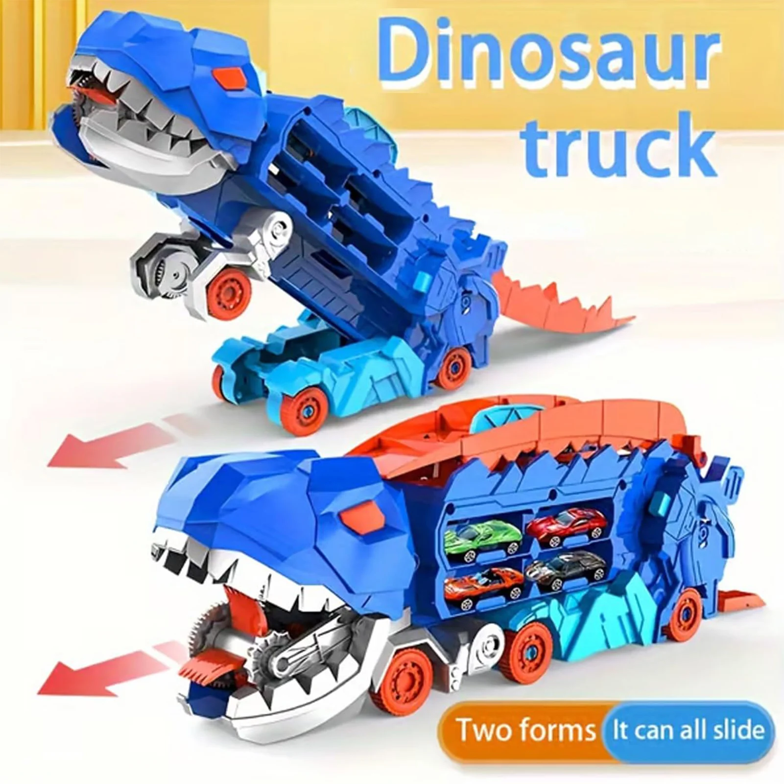 Dinosaur Car Carrier Truck Toy for Boys Car Transporter Dinosaur Truck with Foldable Sliding Gifts for Christmas Birthday