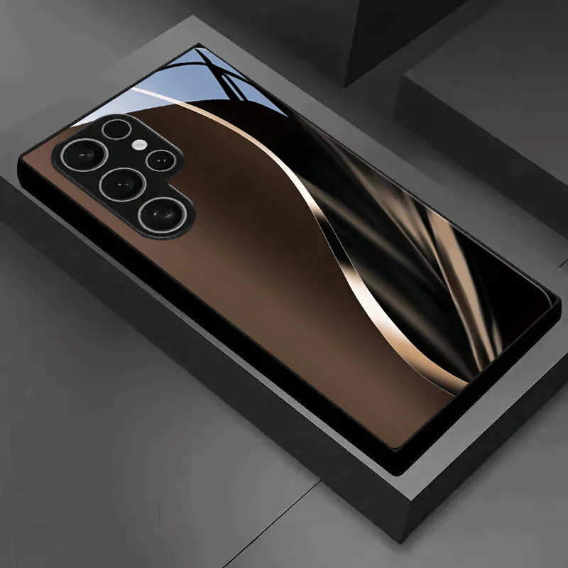Black brown streamlined pattern glass phone case suitable for Samsung Galaxy S26 S25 S24 S23 S22 S21 S20 FE/Ultra/Plus anti drop