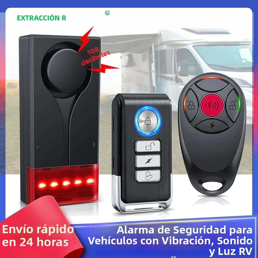 Extractme-alarma RV de 108dB, sistema de alarma de luz y sonido con vibración para coche, Control remoto inalámbrico, alarma antirrobo de seguridad para vehículo