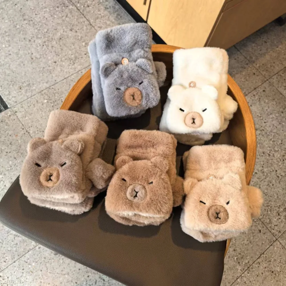 

Fashion Faux Rabbit Hair Capybara Plush Mittens Windproof Soft Cartoon Anti-cold Mittens Thickened Ear Half Finger Gloves Winter