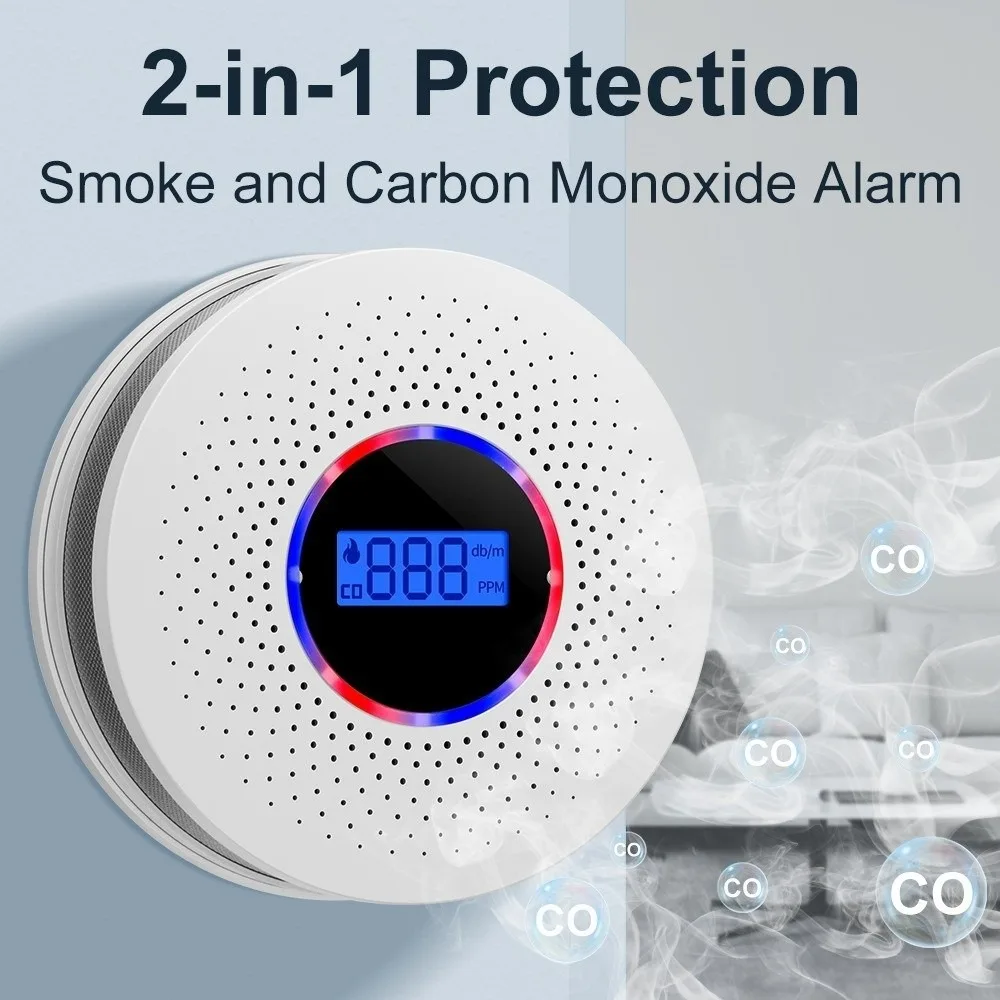 

Compound Alarm 2 in 1 Carbon Monoxide Detector LCD Display Wireless Smoke Alarm Portable CO Monoxide Alarm Garage