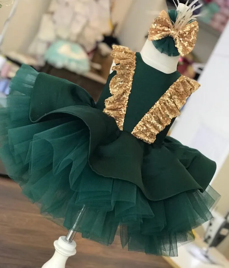 Handmade Child Girl Dress With Bow Toddler Birthday Party Gowns Sequined Tiered Tulle Flower Girl Dresses Christmas New Year