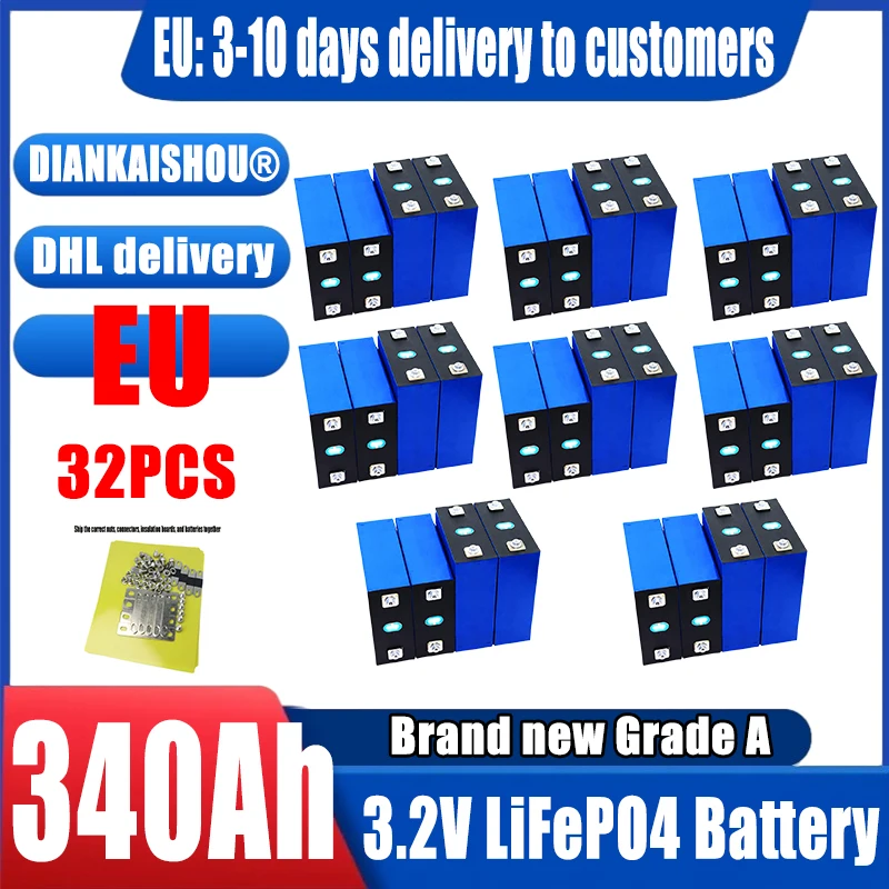 

32 шт. 3.2В 340Ач Новые аккумуляторы LiFePO4 класса A, доставка по ЕС, высокомощные, для электромобилей, автодомов, солнечных систем, перезаряжаемые, без пошлин