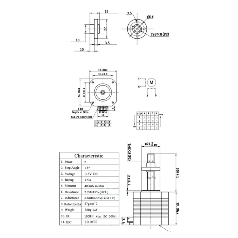 Nema 300mm T8 8mm Screw With 17 Stepper Motor 1.5A with 4pin 800mm Cable