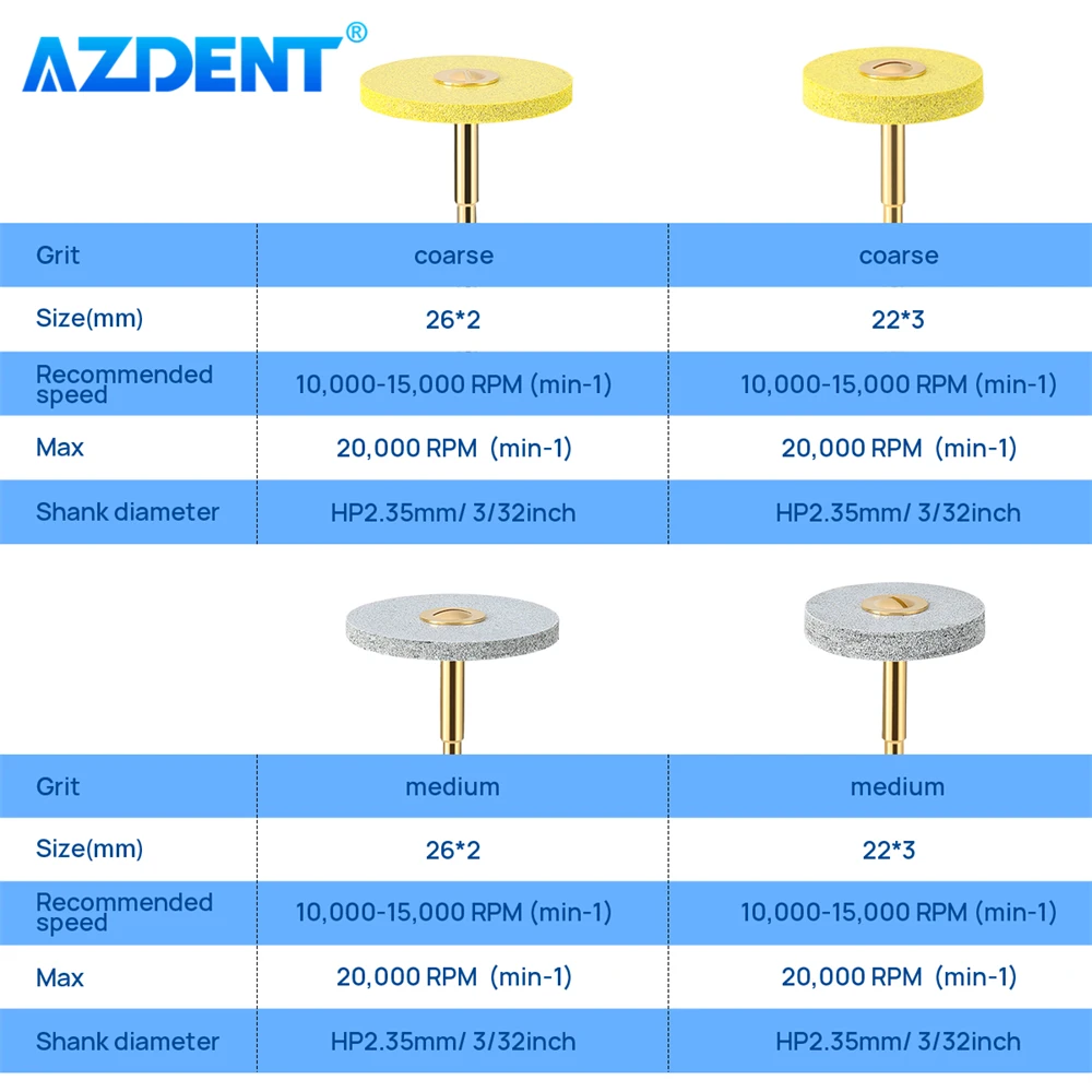 

AZDENT Dental Diamond Polisher Wheel Disc HP 2.35mm Dentistry Tool for Ceramics Zirconia Alloys 26*2mm/22*3mm Coarse Medium