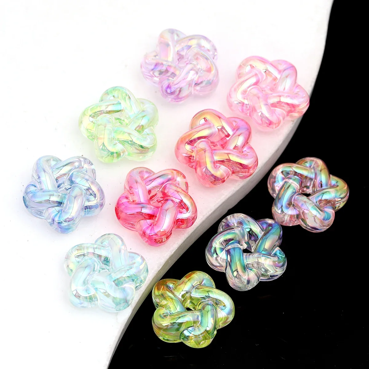 7Pcs Random Color Transparent Chinese Knot Star Acrylic Beads,1.1cm,0.2cm Hole,for DIY Jewelry Making